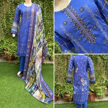 Pakistani  Blue Printed Straight Shirt 3-PCS Lawn Suit w/ Threadwork ,L - $49.50