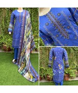 Pakistani  Blue Printed Straight Shirt 3-PCS Lawn Suit w/ Threadwork ,L - $909.57 MXN