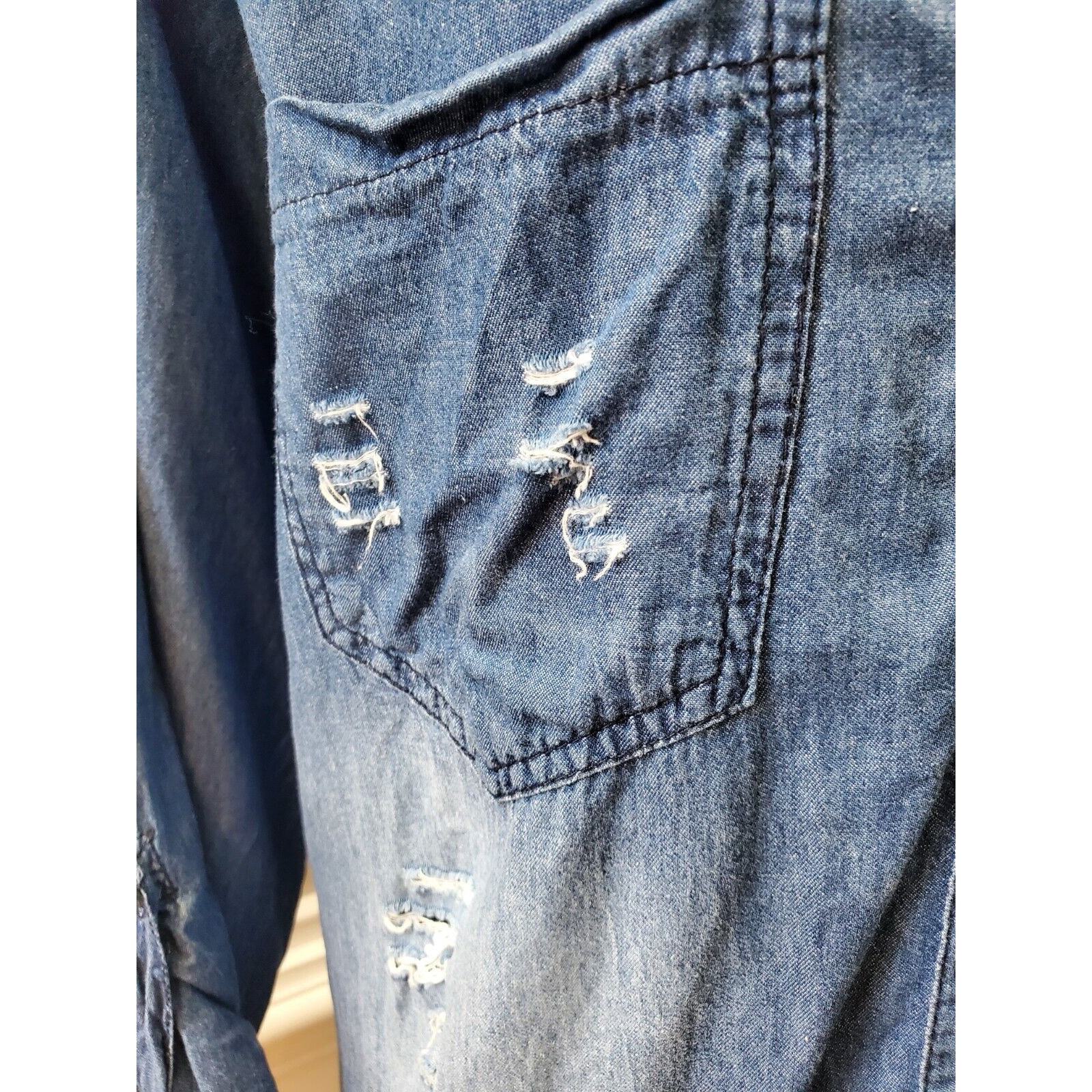 Thrill Jeans Distressed Blue Cotton Collared Long Sleeve Button Down Shirt 2X Item image 3
