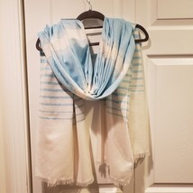 Talbots Teal Turquoise Aqua Blue &amp; White Woven Striped Scarf Long Oblong 38x80&quot; - £22.14 GBP