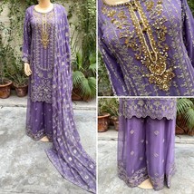 Pakistani Purple Straight Style Embroidered Sequins Chiffon Sharara Dress,L - £109.76 GBP