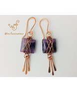 Square amethyst earrings: criss cross copper wire wrapped with straight ... - £22.80 GBP