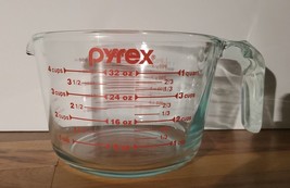 Pyrex 4-Cup 1-Quart Open Handle Glass Measuring Cup Vintage US Red Lettering - £25.31 GBP