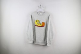 Vintage 90s Looney Tunes Womens Small Felt Patch Tweety Bird Sweatshirt Gray - £42.55 GBP