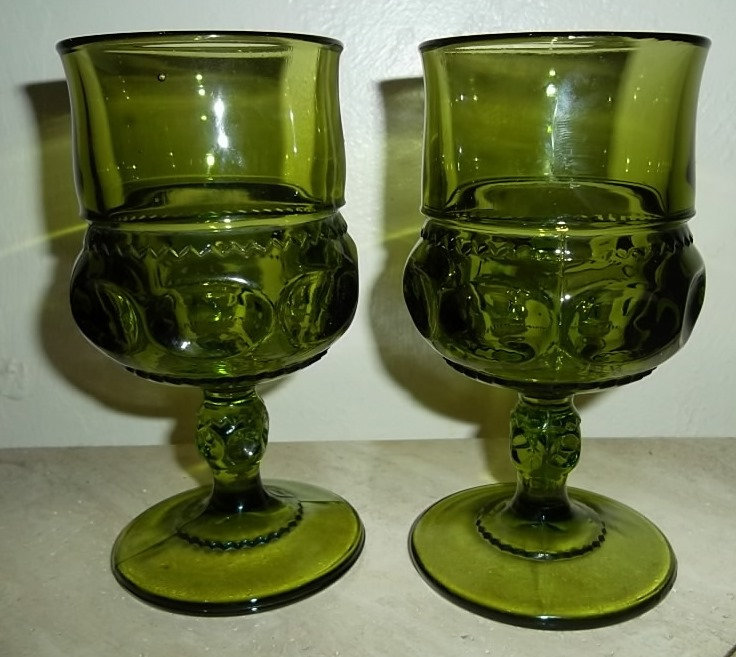Vintage Indiana Glass Kings Crown Thumbprint Design Olive Green Color Goblets - $29.99
