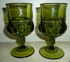 Vintage Indiana Glass Kings Crown Thumbprint Design Olive Green Color Goblets - £23.59 GBP