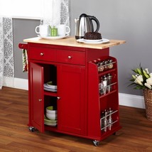 Red Wooden Kitchen Cart Storage Cabinet Rolling Island Utility Prep Spice Rack - £311.11 GBP