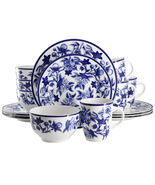 Elama Cattleya Orchid 16 Piece Round Porcelain Dinnerware Set in Blue an... - $111.50