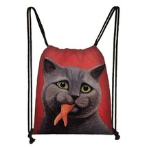 Lovely Orange Cat Printing Backpack Ladies Shopping Drawstring Bag Women Large C - £9.16 GBP