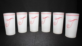 Set of 6 Federal Glass Red Monogram “T” Clear Satin Frosted Tumbler Set - £50.73 GBP