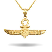 14k Gold Ankh Cross Eye Of Horus Winged Goddess Isis Protection Pendant Necklace - £174.80 GBP+