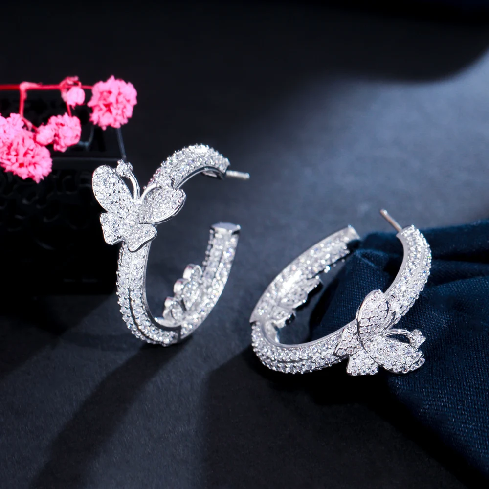 Shiny Micro Pave Cubic Zirconia Circle Round Cute Butterfly Hoop Earrings for Wo - £20.18 GBP
