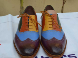 Men&#39;s Multi Color Genuine Leather Wing Tip Burnished Brogue Toe Handmade Shoes - £108.39 GBP
