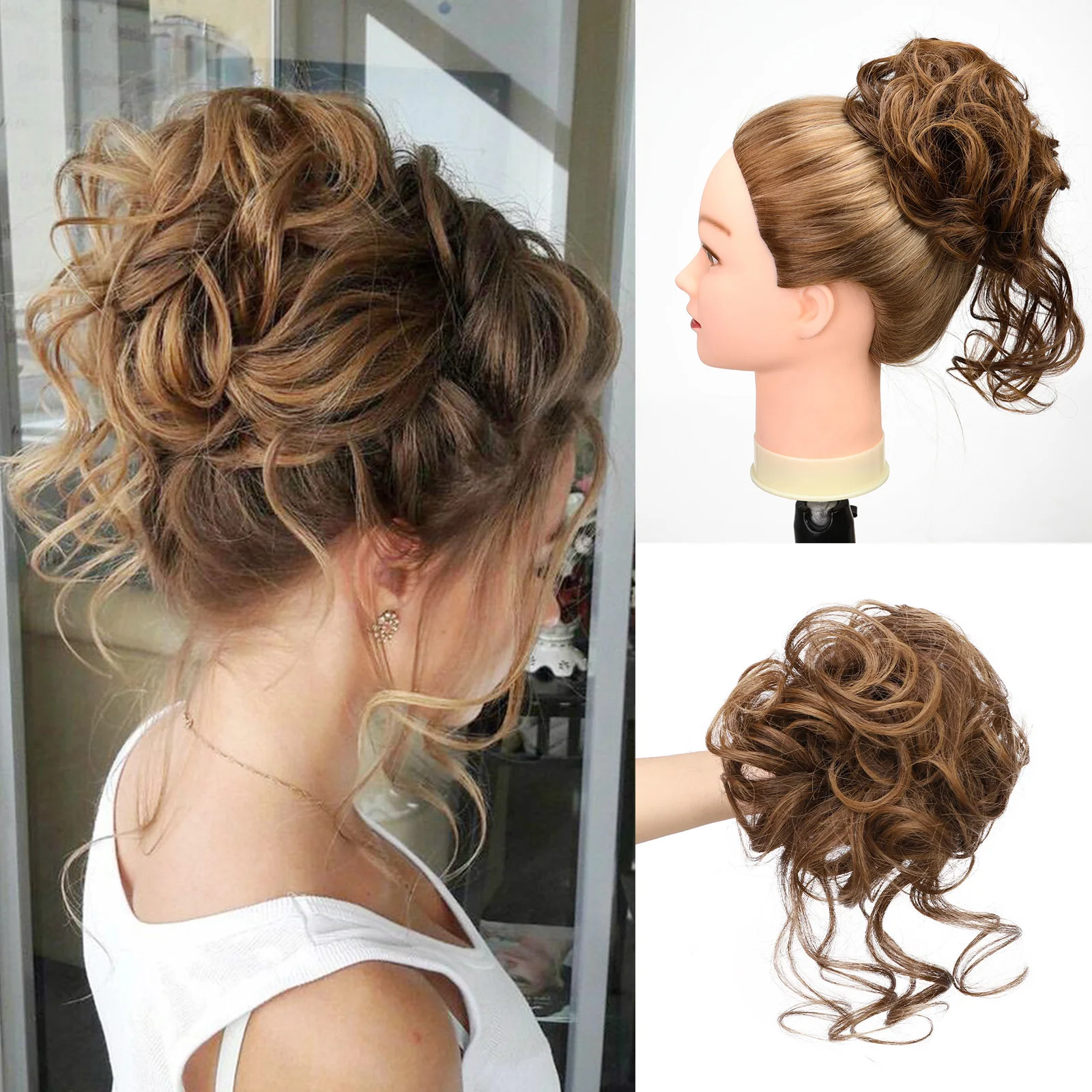 HAIRCUBE Light Brown Curly Messy Bun Hairpieces Synthetic Donut Chignon With - £8.69 GBP