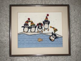 Winter Penguins Finished Framed Crewel Embroidery Needlepoint 1980s - $39.59