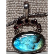 BEAUTIFUL  STERLING SILVER LABRADORITE AND GARNET PENDANT  NECKLACE SKY - $130.69