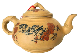 Chinese Teapot Unglazed Pottery Faux Bamboo Handles 4&quot;H 7&quot;L Hand Ptd Flo... - £10.55 GBP