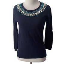 Boden Chelsea Jewel Neck Sweater Blue Womens Size 4 Bejeweled Wool Cotton - $18.29
