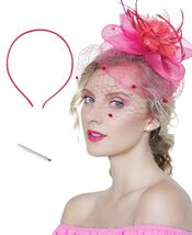 Kidukso Fascinators Hat Vintage 1923s Derby Mesh Veil Feathers Rose Red - $16.93 CAD