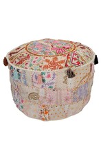 White Handmade Vintage Patchwork Cotton Ottoman Pouffe Cover Round Ethnic Decor - £21.83 GBP