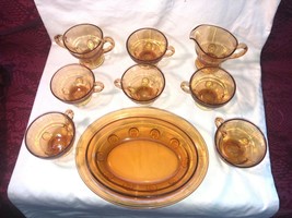 Amber Moondrops Depression Glass 9 pcs inc Cups Creamer Sugar Oval Bowl - £50.31 GBP