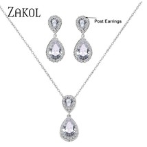 ZAKOL Big Water AAA Cz Zirconia Stone Drop Earrings Necklace Sets for Women Enga - £18.41 GBP