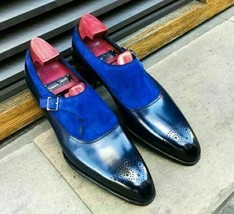 Handmade blue suede and plain leather monk shoes custom dress shoes - £93.56 GBP+