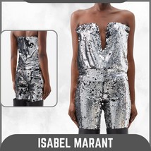 Isabel Marant Women Mandy Sequinned Silver Plunge Corset Blouse Tunic Top T2 M - £190.65 GBP