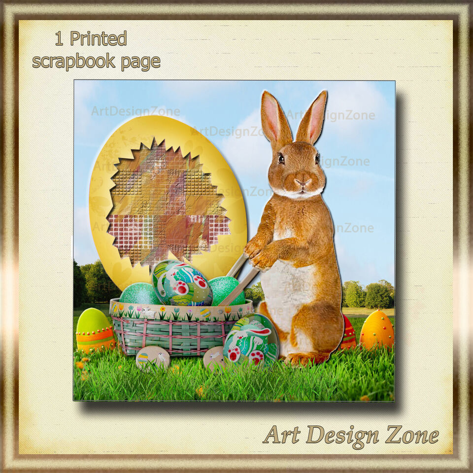 Easter Bunny Pushing Egg Basket Cart Scrapbook Page - $12.00