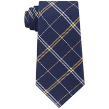 TOMMY HILFIGER Navy Blue Yellow Multi Grid Plaid Solid Tail Silk Blend Tie - £19.58 GBP