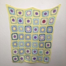 Crochet Baby Blanket Granny Square Afghan Yellow Blue Aqua Purple Pink White 39&quot; - £31.53 GBP