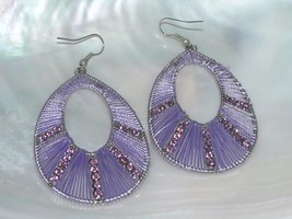 Estate Large Lavender Thread &amp; Pink Rhinestone Open Teardrop Dangle Earrings for - £6.86 GBP