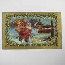 Vintage Christmas Postcard Santa Train Trolley Streetcar Gold Embossed Antique - £15.61 GBP