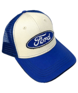 FORD LOGO BEIGE &amp; BLUE MESH TRUCKER ADJUSTABLE CURVED BIL SNAPBACK HAT C... - €13,15 EUR