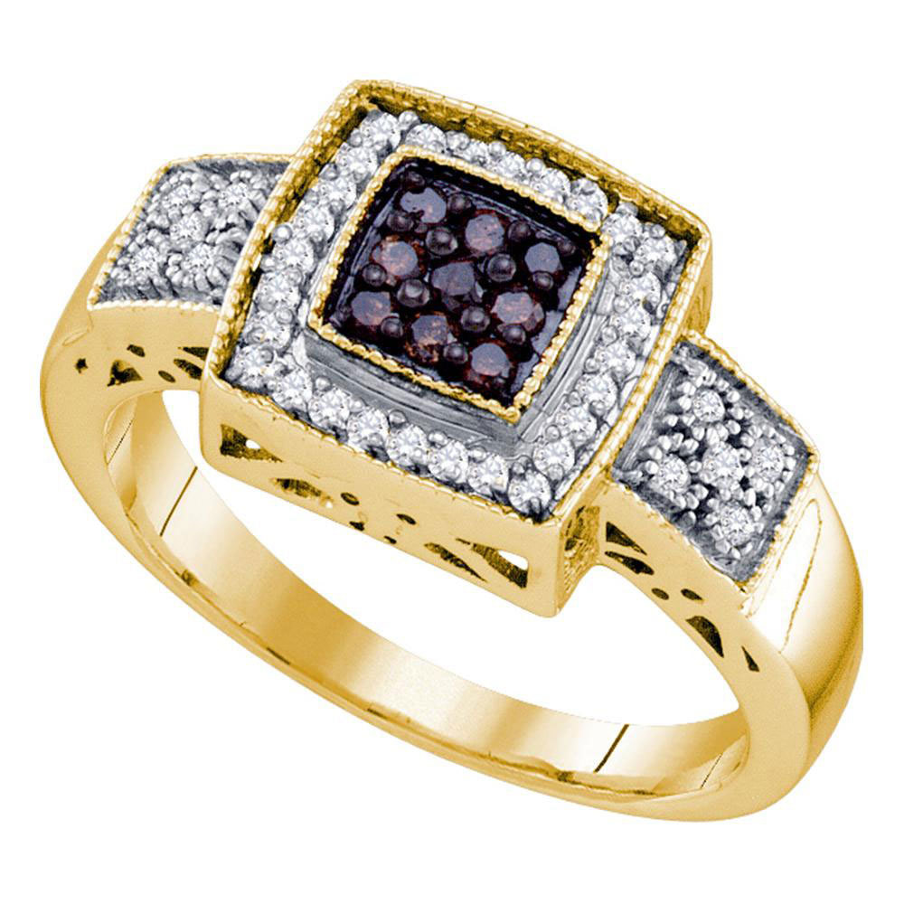 10k Yellow Gold Brown Color Enhanced Diamond Womens Square Cluster Ring 1/3 Cttw