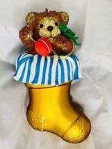 Vintage Teddy Bear in Stocking Christmas Ornament, Glass, Resin, Polymer 6&quot; - £15.80 GBP