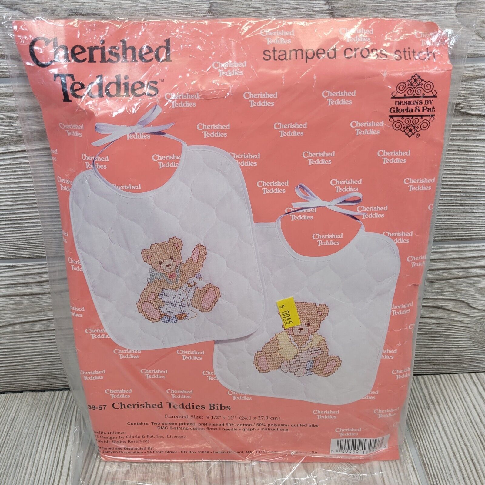 Primary image for Cherished Teddies Baby Bibs Stamped Cross Stitch Kit Teddy Bear Janlynn Vtg
