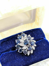 2 Ct Round Cut Blue Sapphire Diamond Cluster Cocktail Ring 14K White Gold Finish - £87.78 GBP