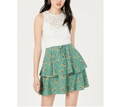 Teeze Me Junior Womens 1/2 Green Ivory Lace Floral Print Fit Flare Dress NWT - £16.37 GBP