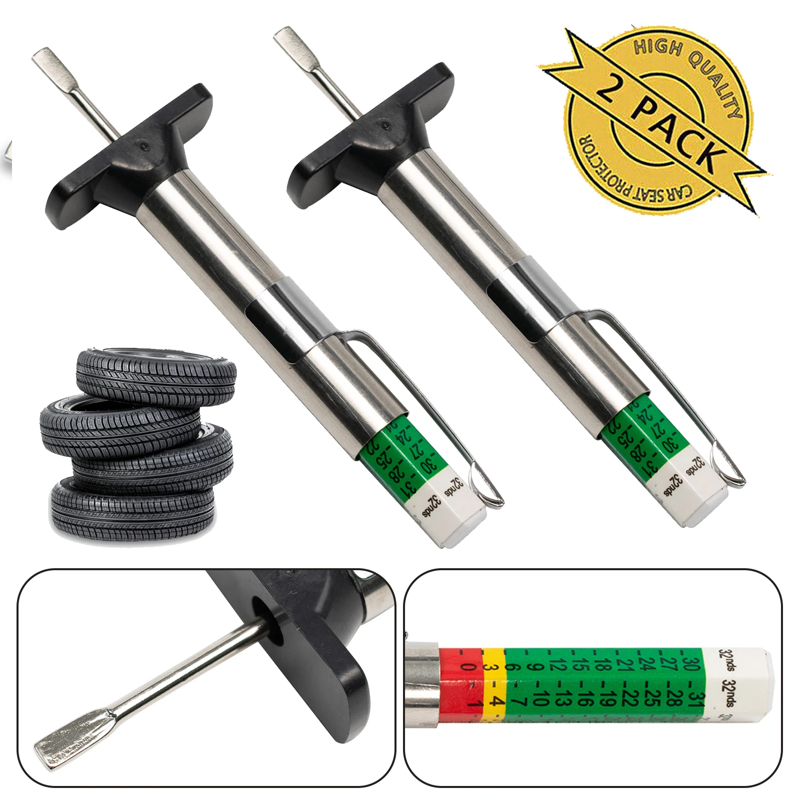 2Pcs Tire Safety Kit with Tread Depth Gauge for Cars, Vans, Motorcycles - Easy - £10.46 GBP