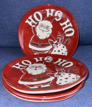 Eli + Ana Hand Painted Red Santa HO HO HO 8&quot; Salad/ Desert Plates Set of... - £39.14 GBP