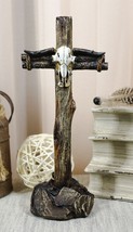 Rustic Western Longhorn Bull Cow Skull On Logs Cross Standing Plaque Fig... - $32.84 CAD