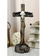 Rustic Western Longhorn Bull Cow Skull On Logs Cross Standing Plaque Fig... - $23.99