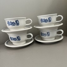Set Of 4 Pfaltzgraff Yorktowne Stoneware Tea Coffee Cup &amp; Saucer Blue Floral 7-1 - £19.60 GBP