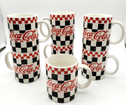 Vintage Coca Cola Mugs Gibson 1996 Set 7 Cups Diner Checkered Retro Red Black - £25.46 GBP