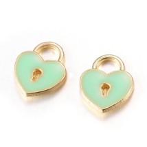 4 Enamel Heart Lock Charms Gold Mint Green Miniature Findings Key to My Heart  - £2.31 GBP