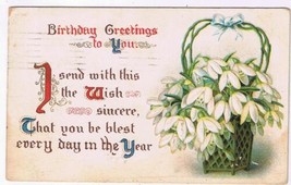 Greetings Postcard Embossed Birthday Greetings Basket White Flowers 1910 - £2.28 GBP