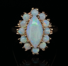 14k Yellow Gold Marquise Genuine Natural Opal Ring with Opal Halo (#J5937) - £543.76 GBP