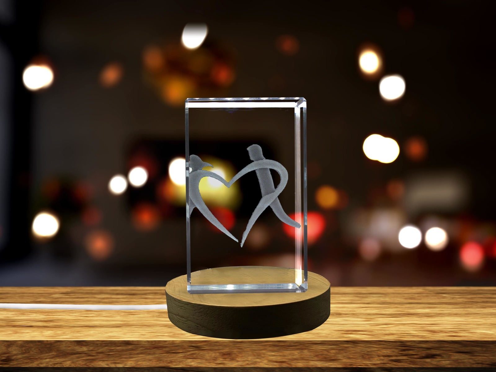 LED Base included | Couple Love Heart Symbol 3D Engraved Crystal 3D Engraved