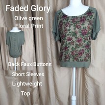 Faded Glory Olive Green Floral Print Faux Back Button Top Size M  - £7.86 GBP